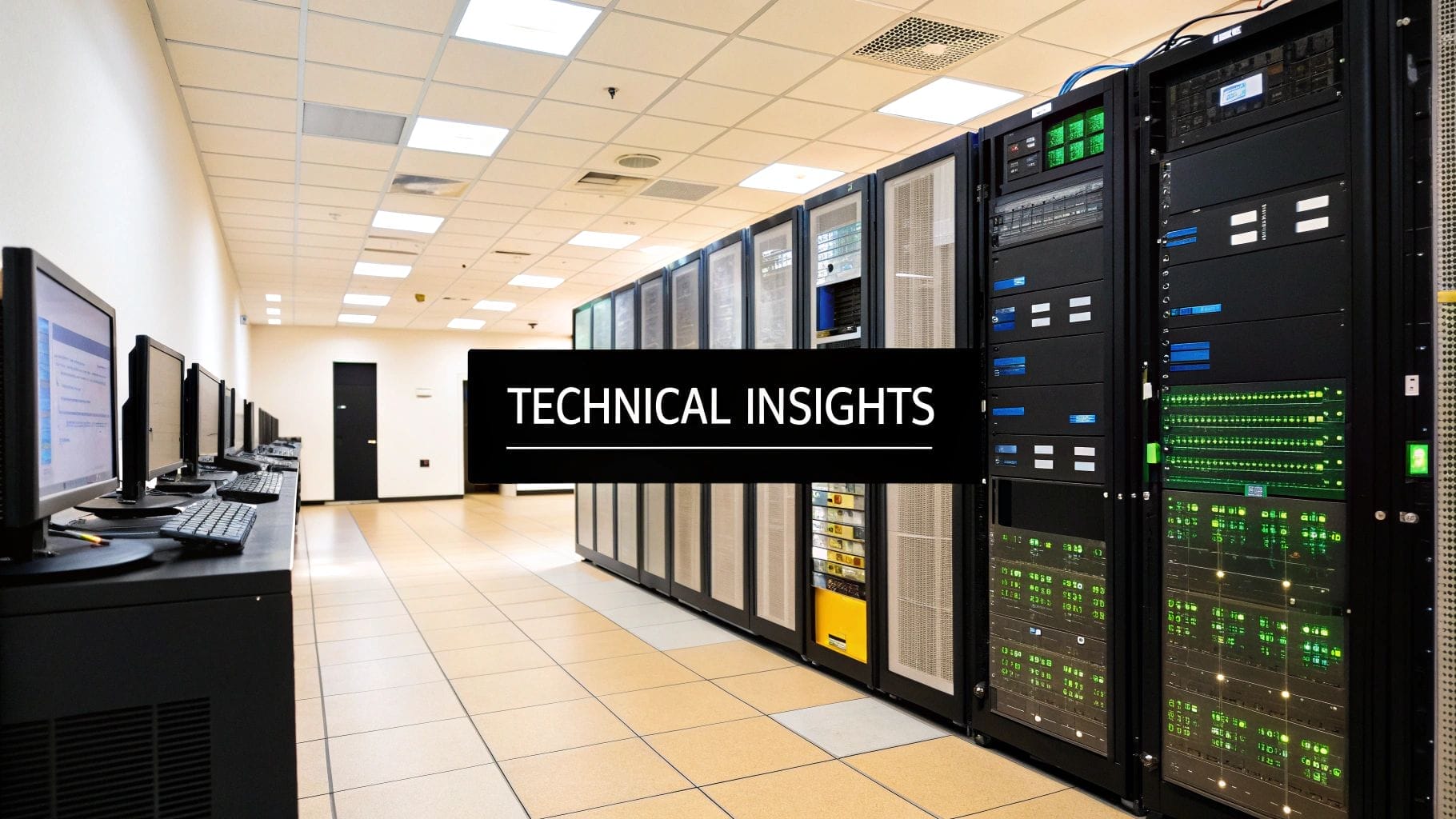 A modern server room with rows of computer servers and monitors; overlay text reads "TECHNICAL INSIGHTS: how to improve website SEO.