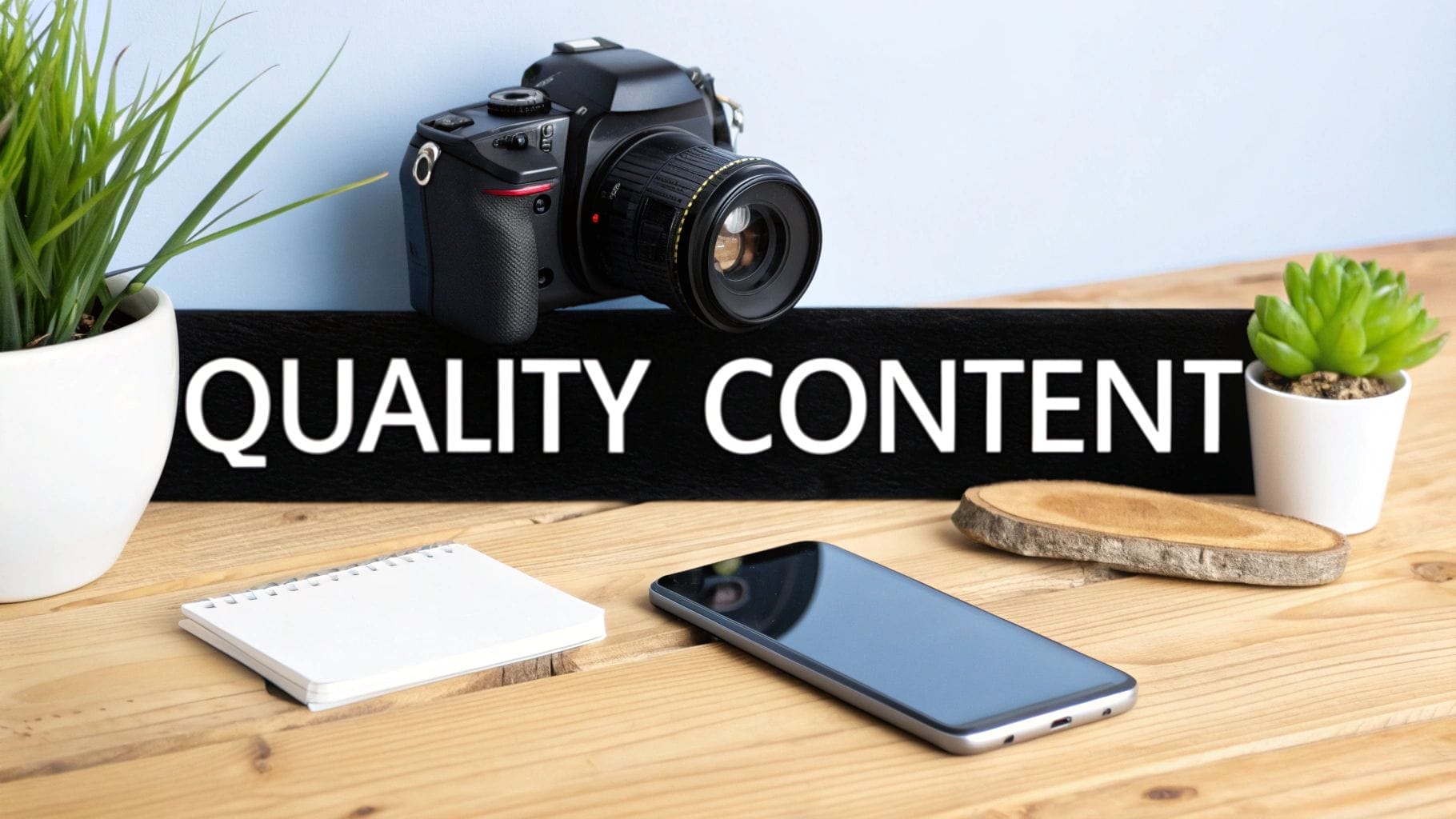 A camera, notepad, smartphone, and small potted plants are arranged on a wooden surface with the words "QUALITY CONTENT" displayed across the center, perfect for those exploring how to monetize Instagram.