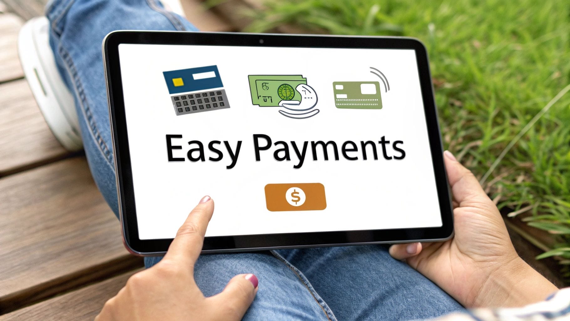 Person holding a tablet displaying "Easy Payments," with icons of a calculator, cash, and credit card above a dollar sign button—highlighting how to reduce cart abandonment with straightforward checkout options.
