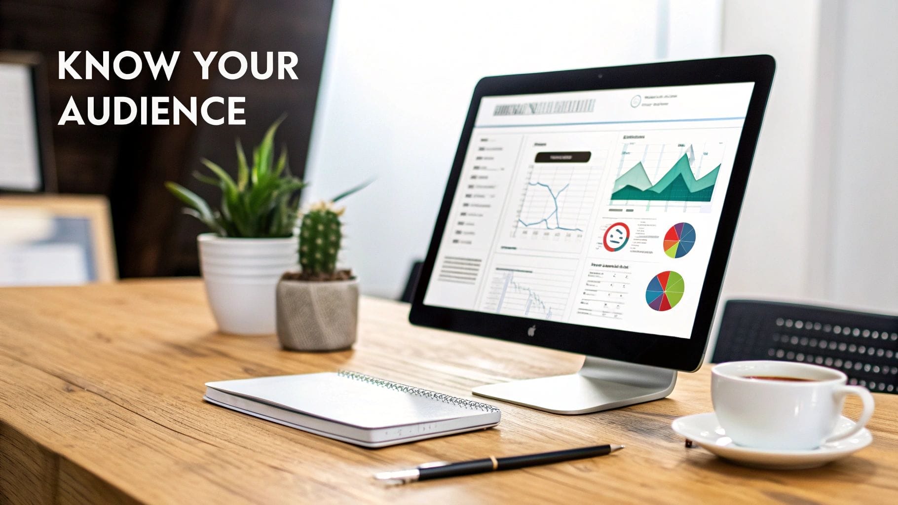 A computer showcasing business analytics sits on a wooden desk with a notebook, pen, coffee cup, and potted plants. The text on the wall reads "Know Your Audience," emphasizing your online value proposition.