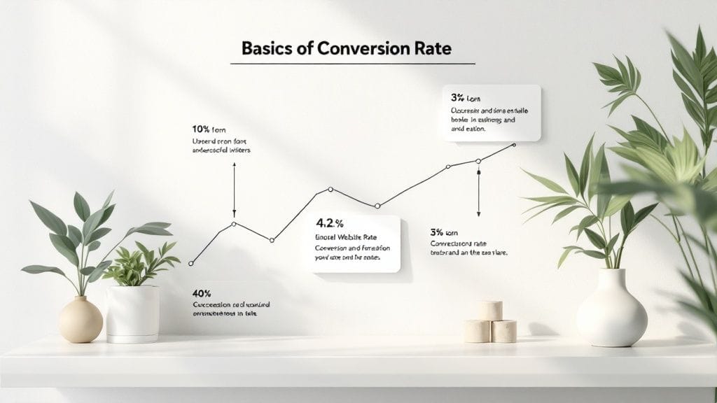 A graph titled "Basics of Conversion Rate," surrounded by lush plants, illustrates how to calculate conversion rates. It features data points and annotations starting at 0% and peaking at 4.2%, concluding at 3%.
