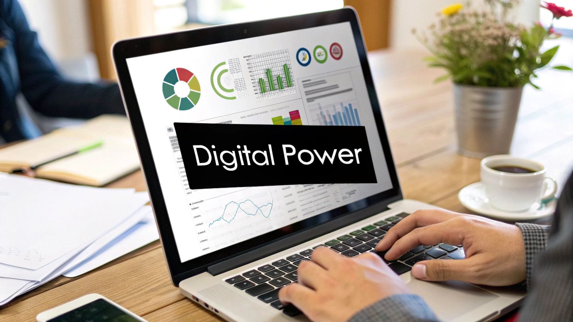 Person typing on a laptop displaying charts, graphs, and the text "Digital Power"—researching how to increase ecommerce sales; coffee and documents are on the table.
