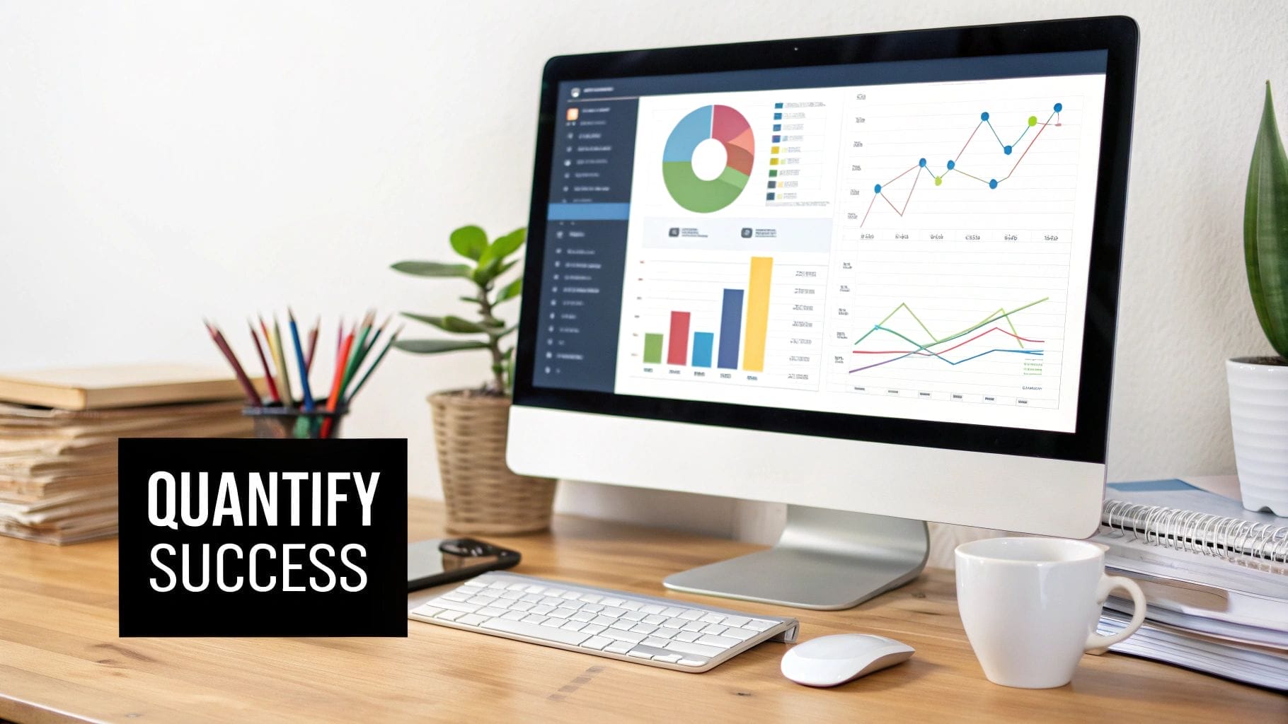 A sleek computer displaying charts and graphs sits on a desk alongside a keyboard, mouse, plant, stack of notebooks, and coffee cup. Text overlay reads "Quantify Success," underscoring your online value proposition to reach new heights.