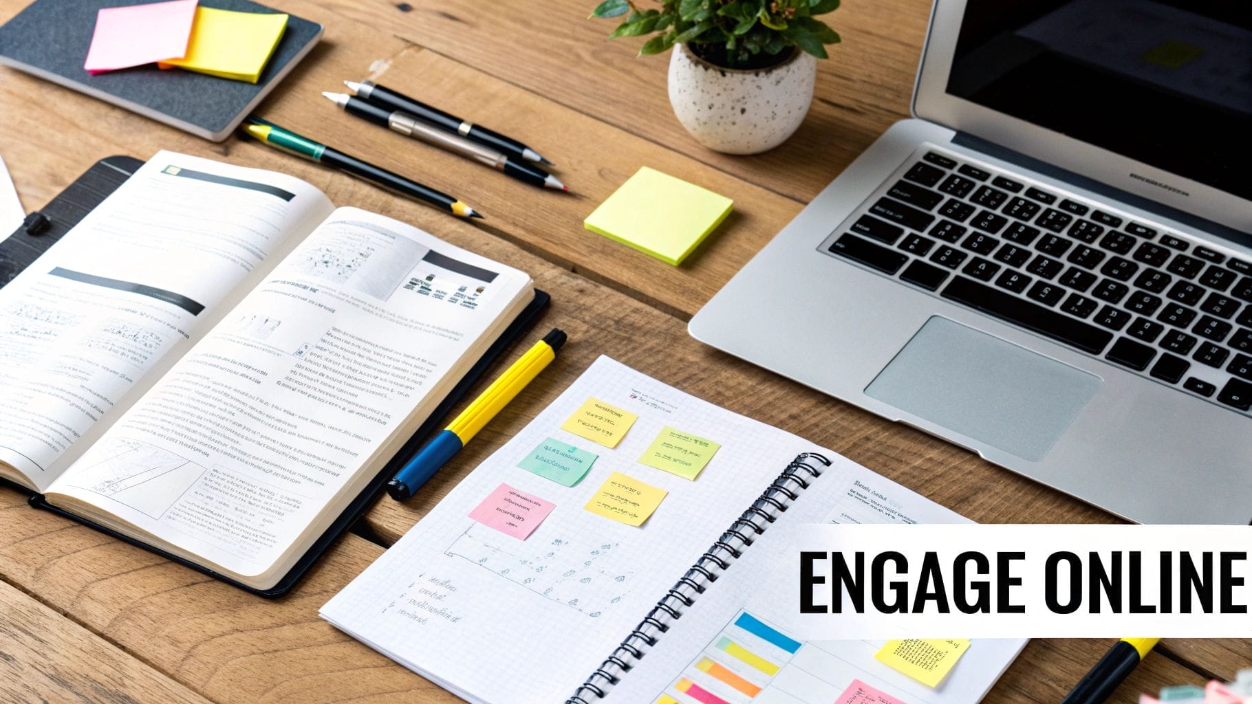 Open laptop and notebooks with sticky notes on a wooden desk. Text reads "ENGAGE ONLINE" as you harness your online value proposition.