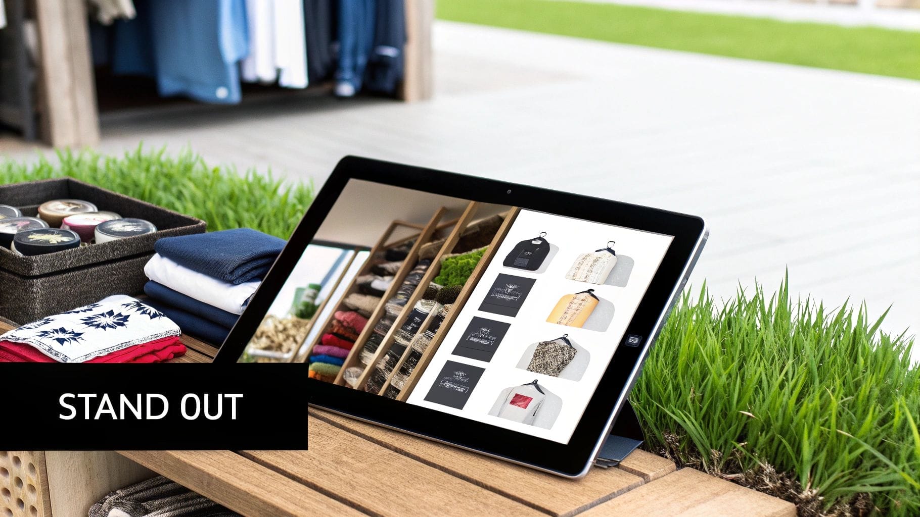 A tablet displaying a clothing store website is placed on a wooden surface next to folded clothes, a box of thread, and green grass—showcasing how to increase ecommerce sales with standout online displays. Text on the image reads "STAND OUT.