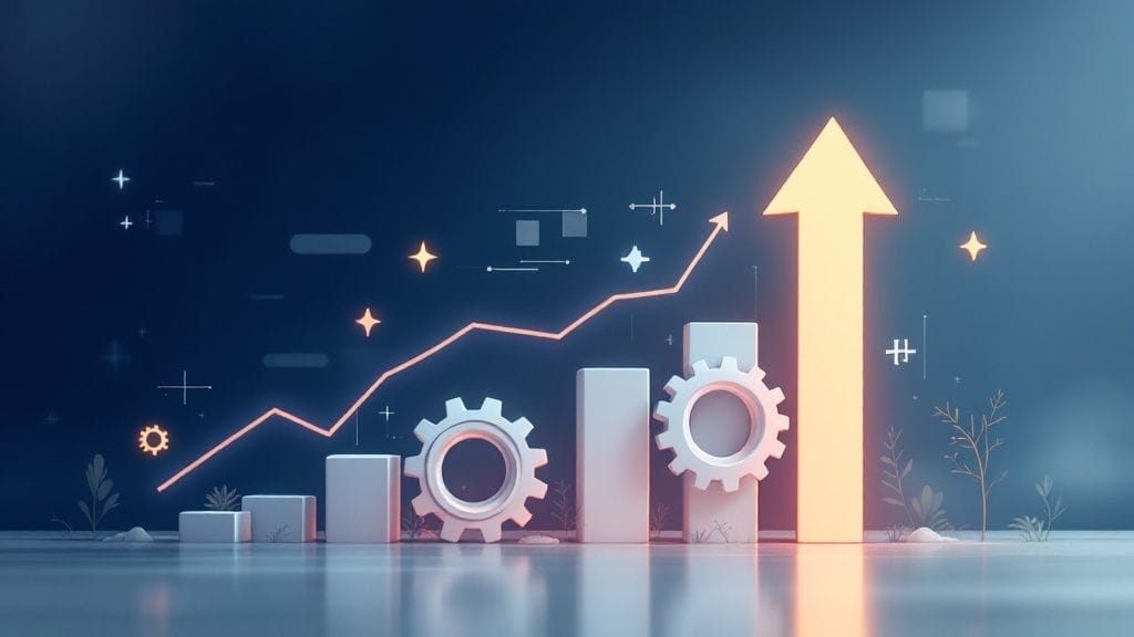 An abstract illustration of a bar graph alongside gears and a curved line graph, topped by an upward arrow, embodies growth and progress, akin to mastering how to calculate conversion rate effectively.