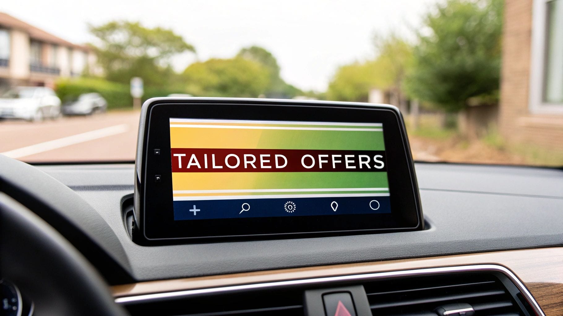 A car dashboard display screen shows the words "TAILORED OFFERS" in large text against a multicolored background—an engaging reminder of how to reduce cart abandonment with personalized incentives.