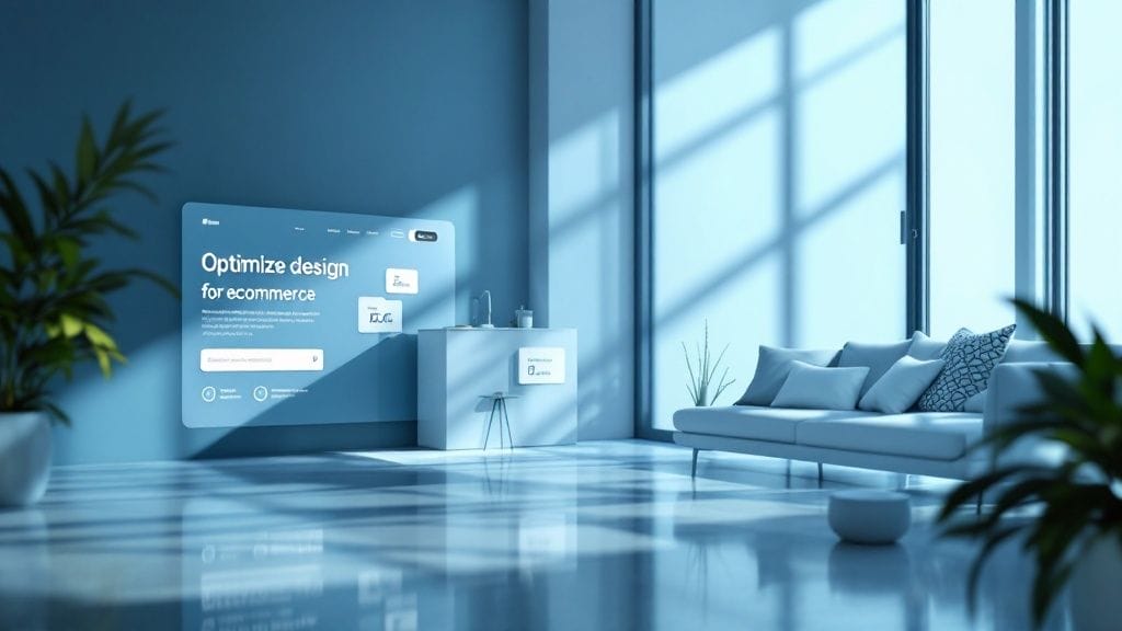 A modern room with blue walls and large windows casting shadows features a digital display showing a website titled "Optimize design for ecommerce conversion rate." Cushioned seating is on the right, inviting creativity and efficiency.