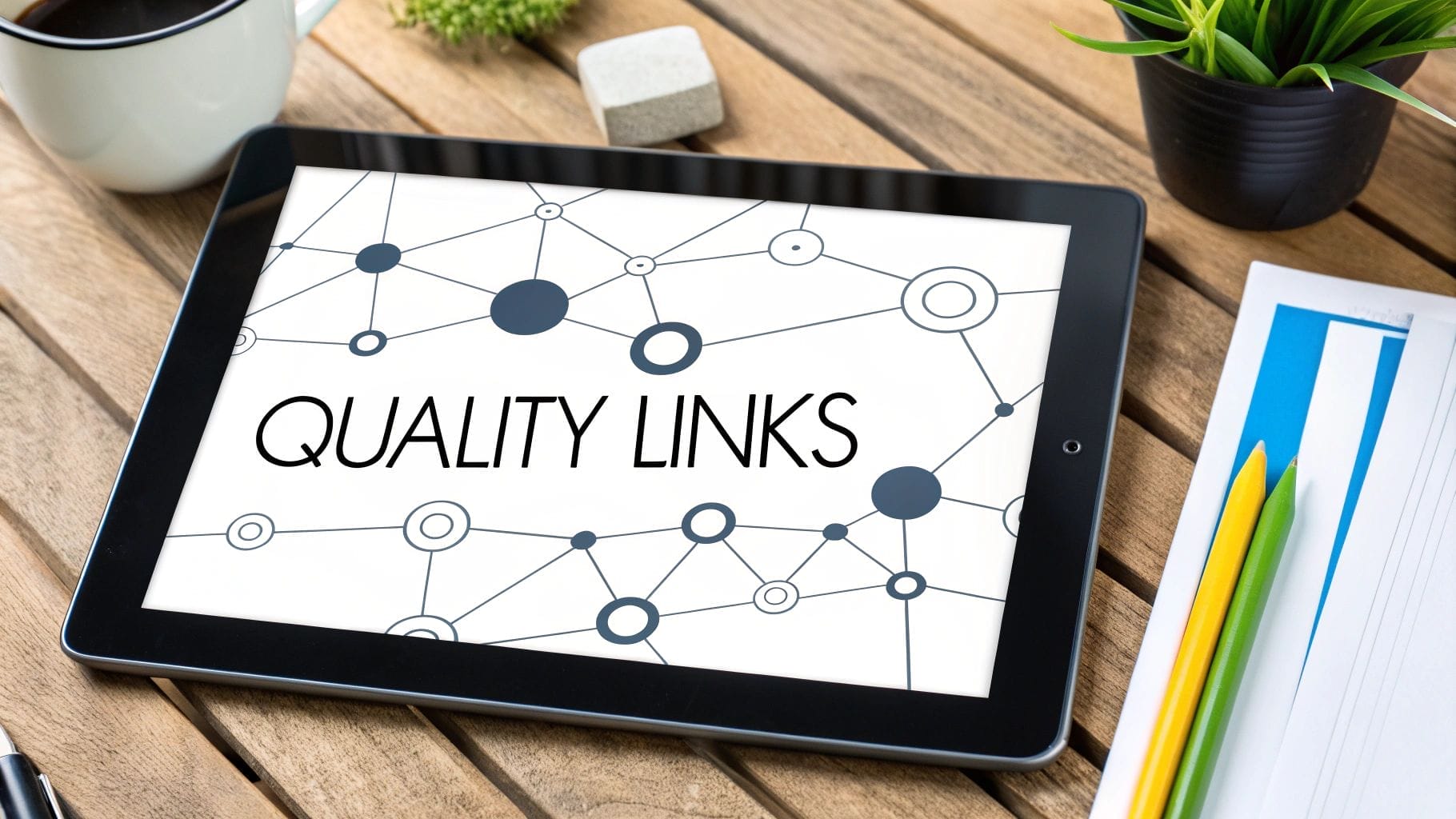 A tablet on a wooden desk displays the words "QUALITY LINKS" over a network diagram, surrounded by office supplies—highlighting how to improve website SEO with strong backlinks and effective strategies.