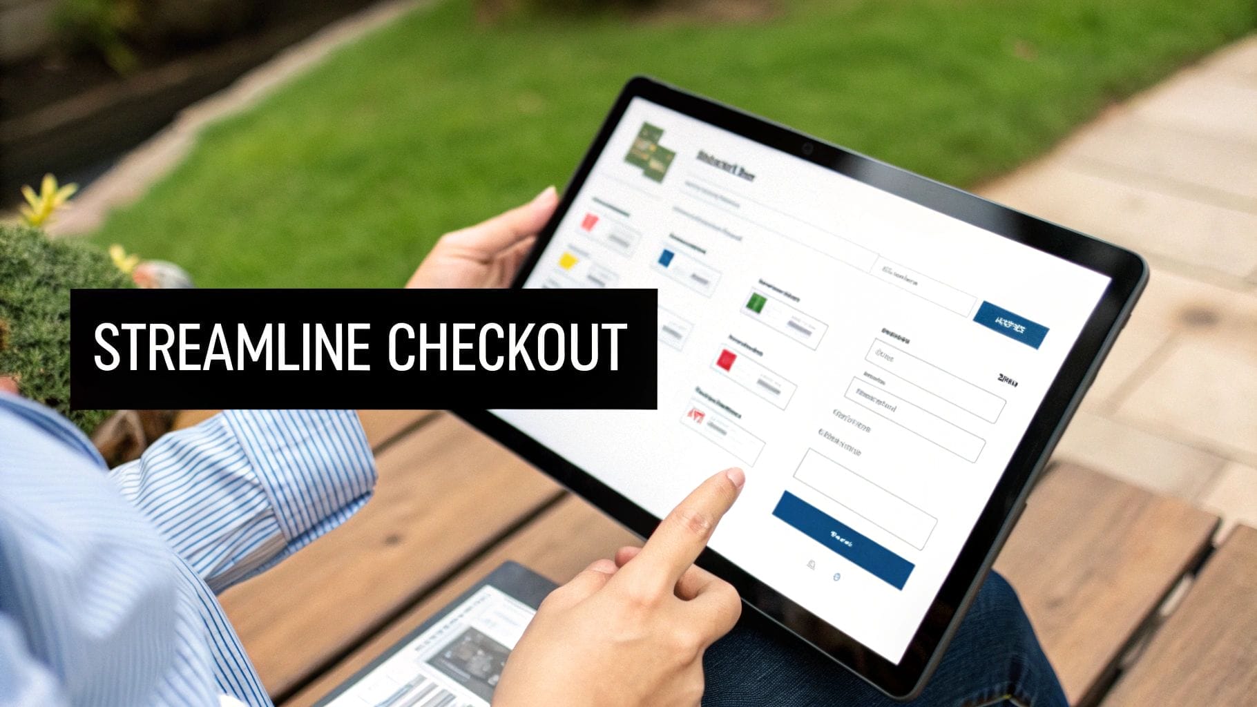 Person using a tablet outdoors to fill out an online checkout form; large text overlay reads "Streamline Checkout"—learn how to reduce cart abandonment with a seamless, mobile-friendly process.