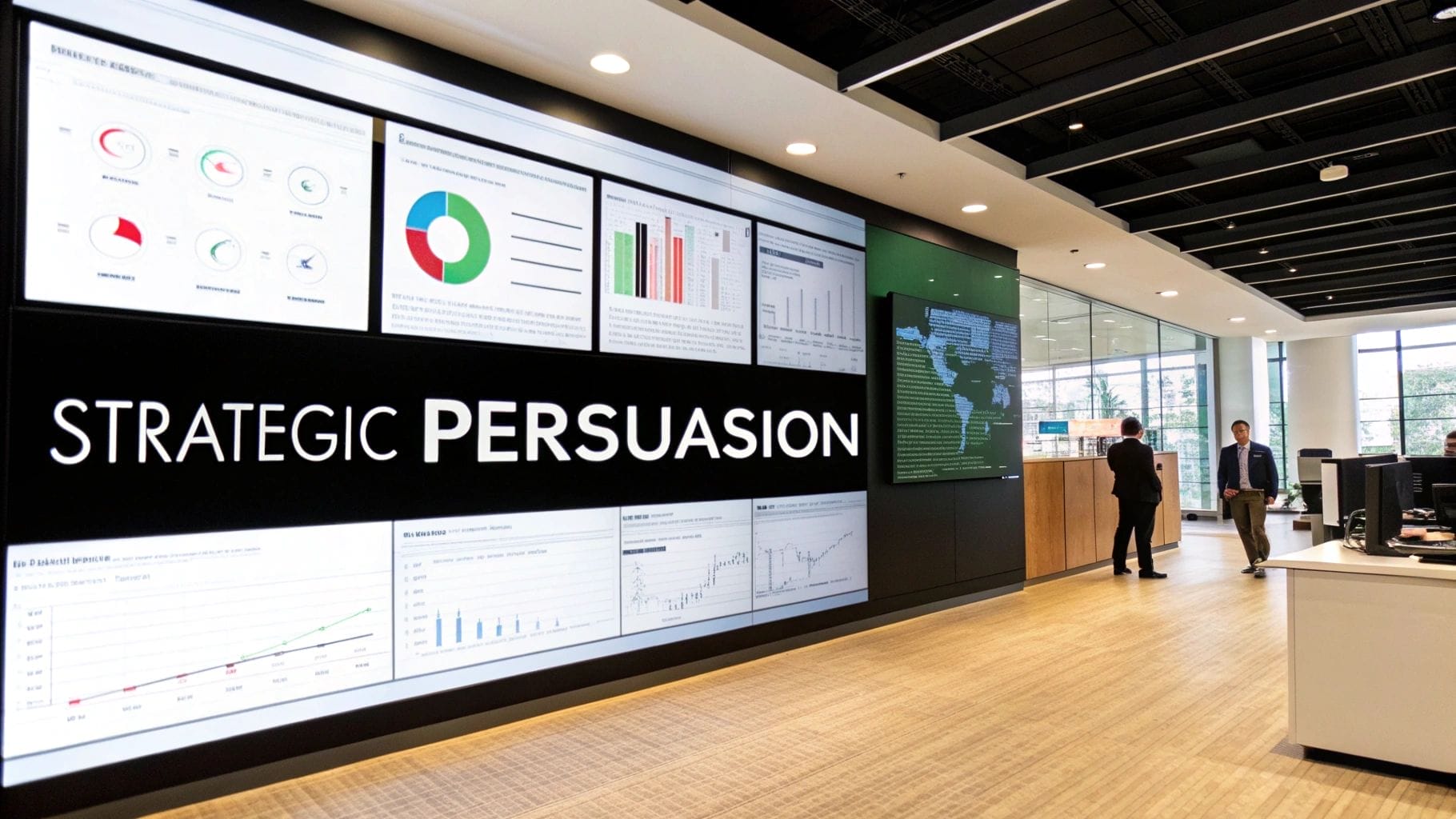 Large digital display wall shows charts, graphs, and the words "Strategic Persuasion" in a modern office, highlighting cognitive dissonance in marketing as two people stand and talk near the entrance.
