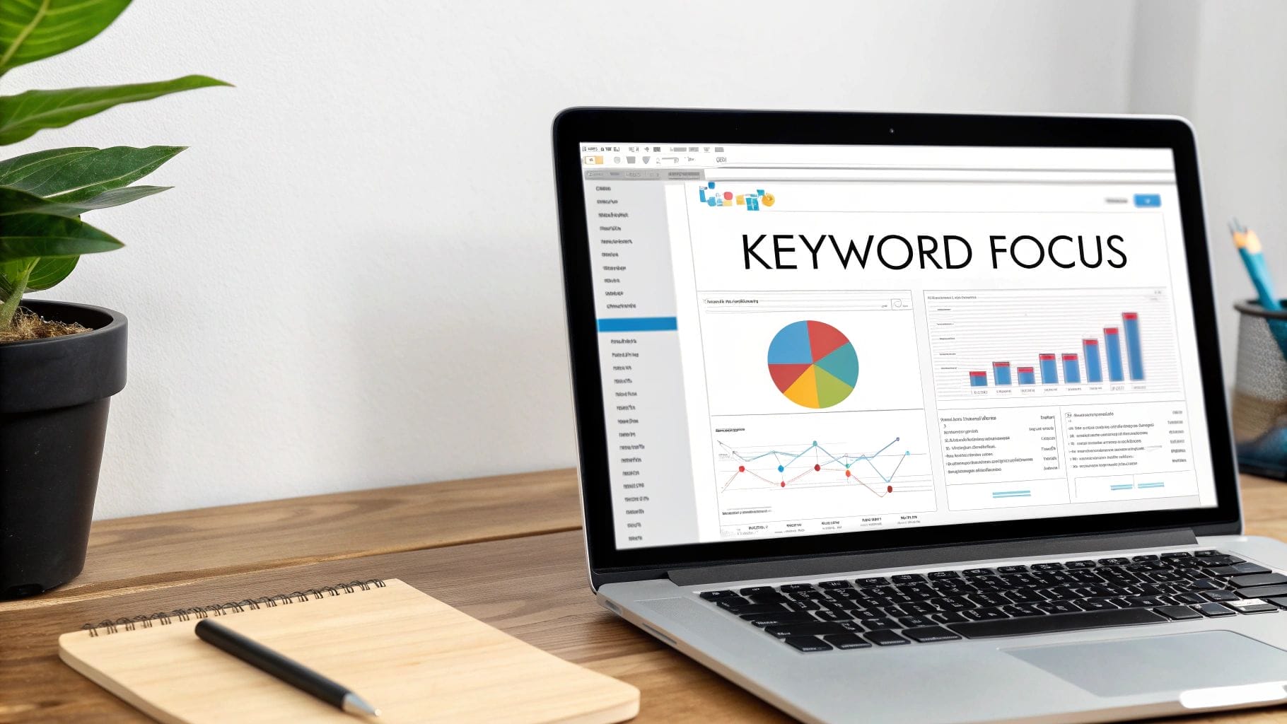 A laptop on a wooden desk displays a screen with the title "How to Improve Website SEO" and various charts; a notebook, pen, and potted plant are also on the desk.