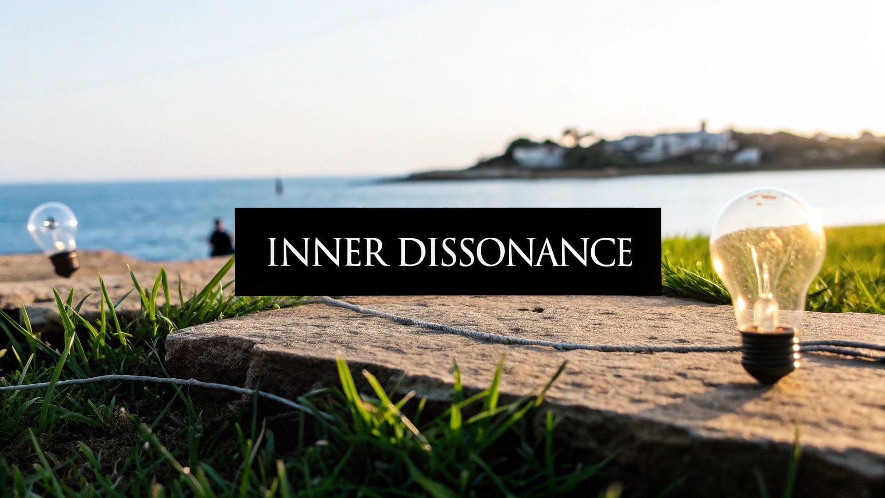 A lightbulb lies on grass near a rocky shoreline, another bulb in the background; the words "INNER DISSONANCE" appear in bold text across the center, evoking themes of cognitive dissonance in marketing.