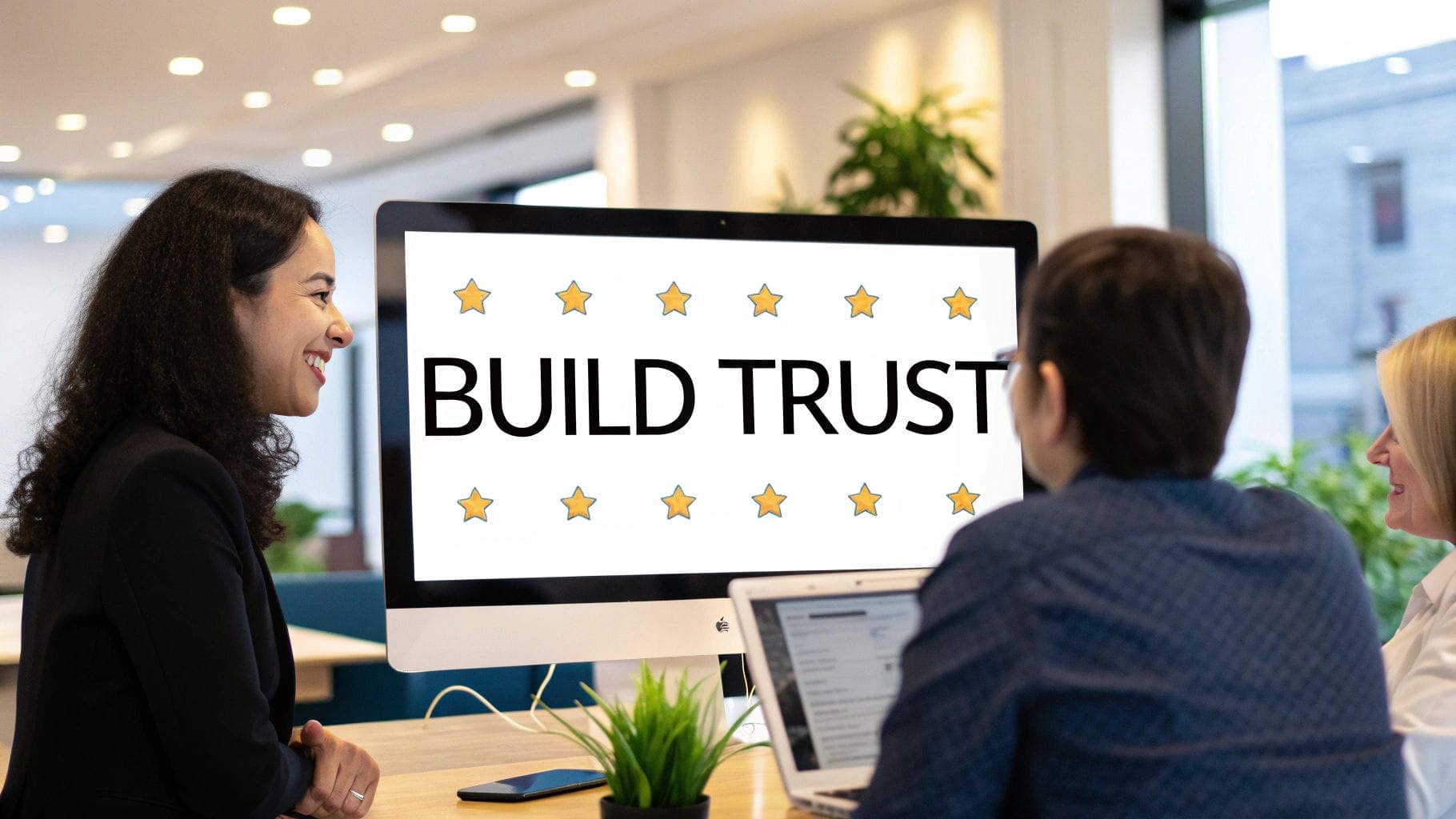 Three people at a table examine a computer screen showcasing "BUILD TRUST" with stars around it, emphasizing the online value proposition. One person holds a laptop, while office plants and windows create a lively backdrop.