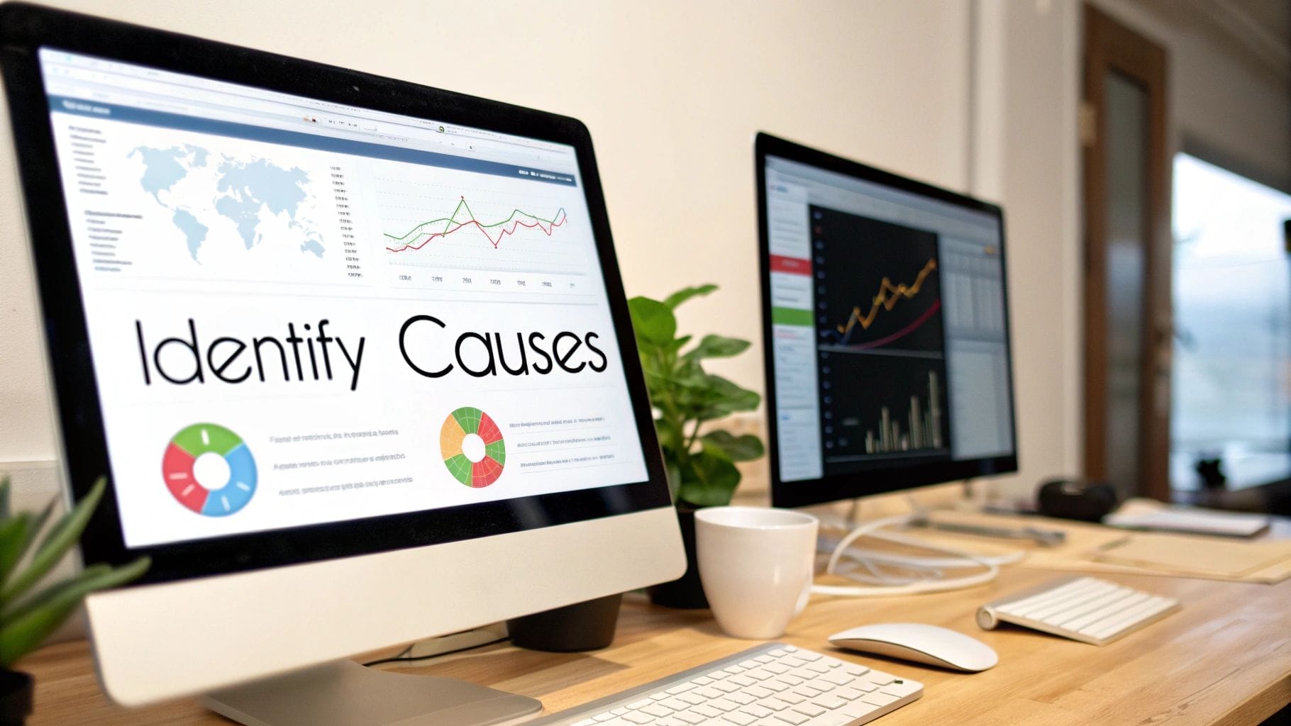 Two desktop monitors on a desk display data charts and graphs; one screen reads “Identify Causes.” Office supplies and a plant sit nearby, suggesting analysis of how to reduce cart abandonment.