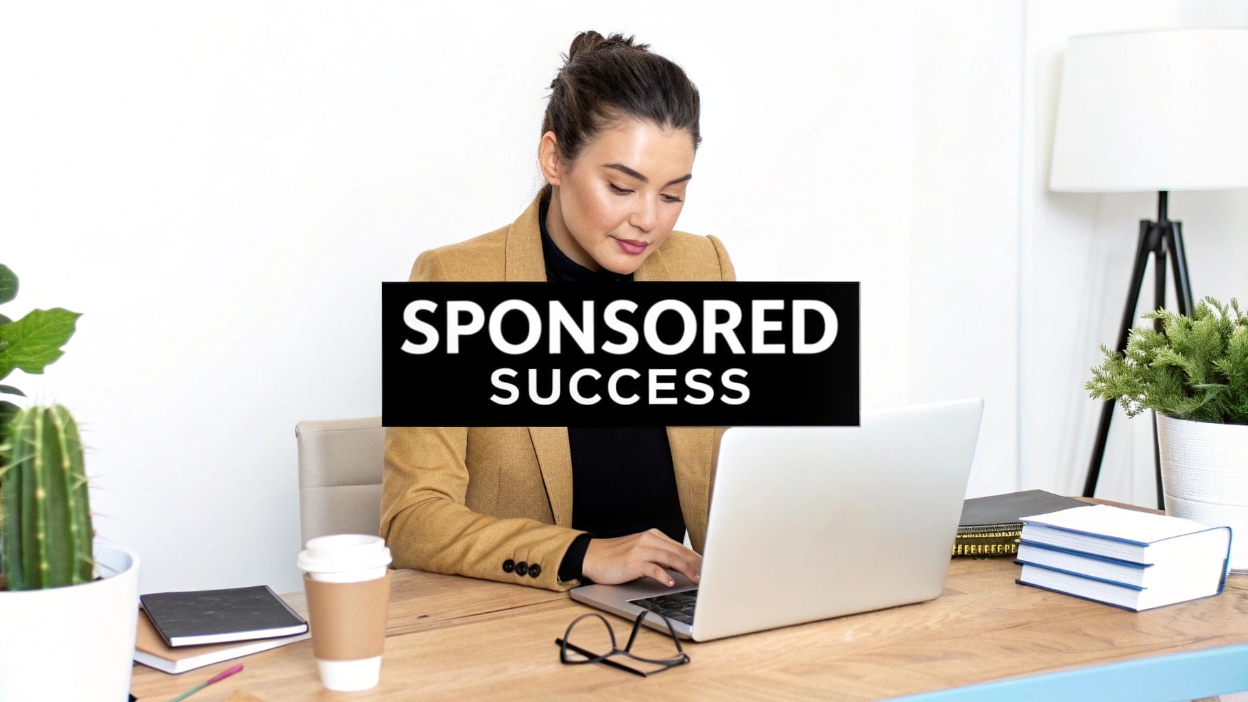 A woman in a tan blazer works on a laptop at a desk with books, plants, and coffee; text overlay reads “Sponsored Success” as she researches how to monetize Instagram.