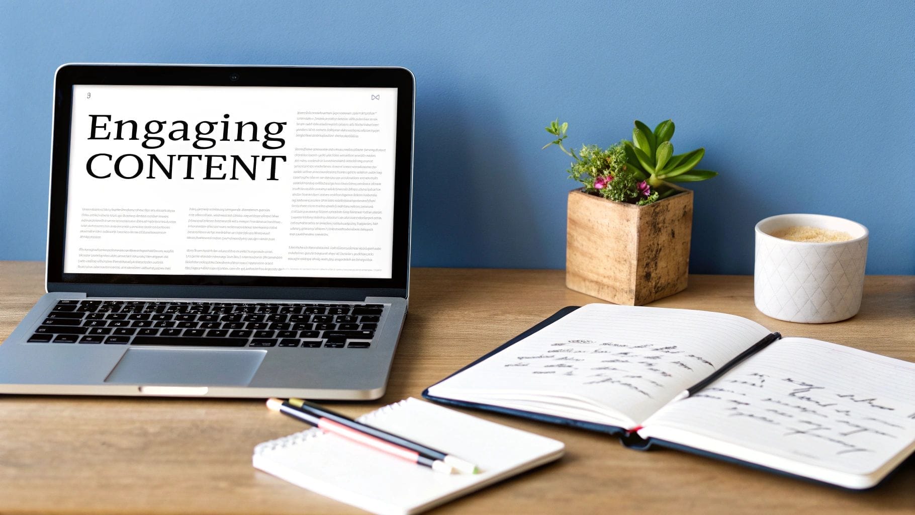 A laptop displaying "Engaging CONTENT" on screen sits on a wooden desk with notebooks, pens, and a small potted plant—highlighting one of the best ways to increase website traffic.