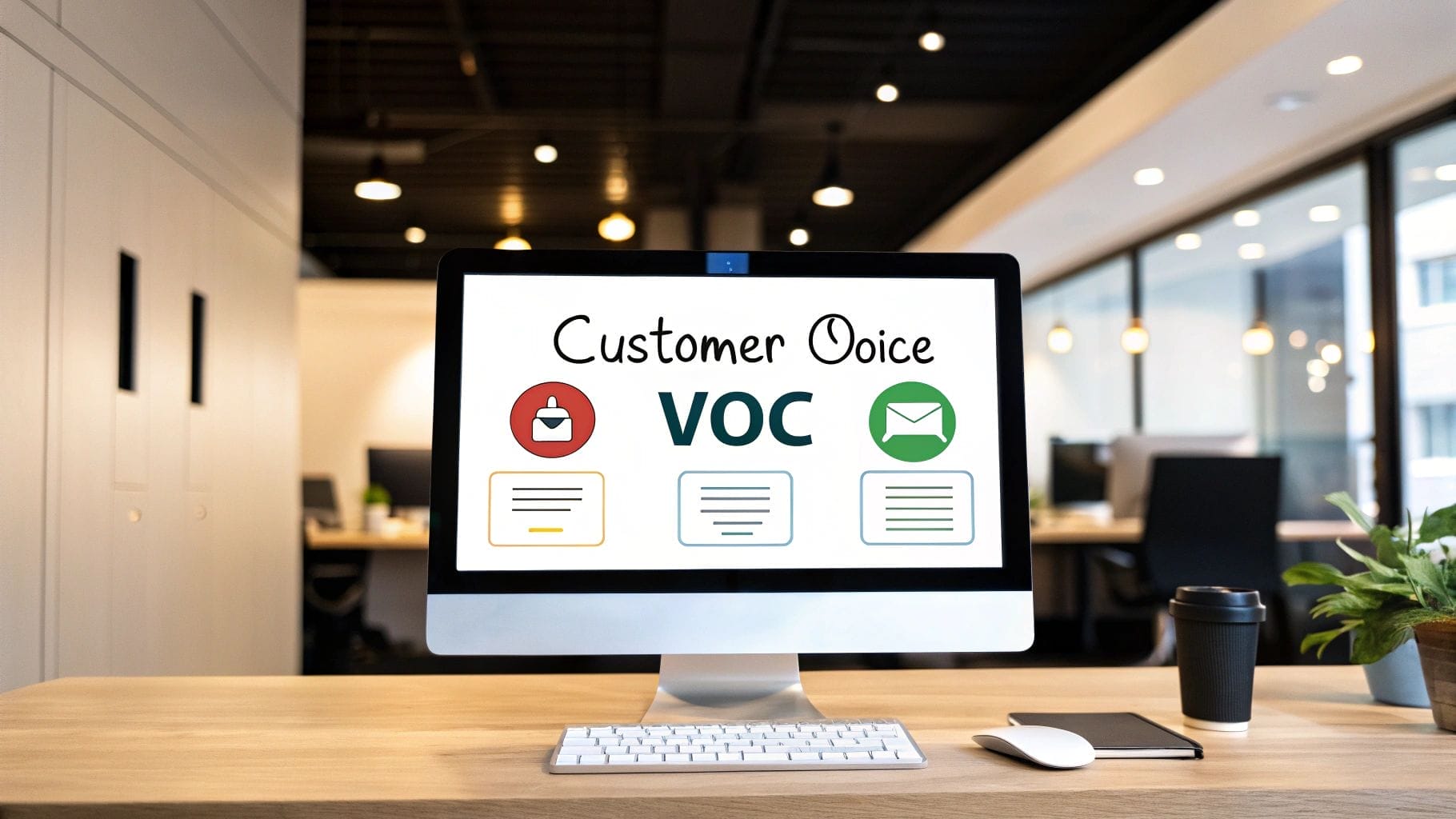 A computer monitor on a desk displays “Customer Voice VOC” with related icons in a modern office setting, highlighting customer feedback analysis methods.
