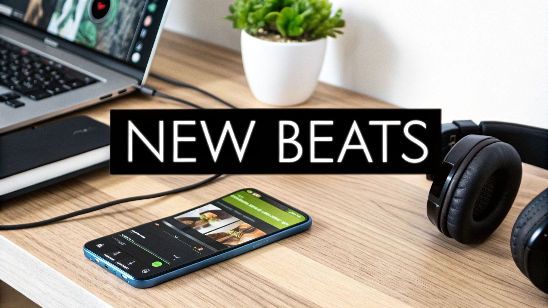 A smartphone featuring a music app sits alongside headphones and a laptop on a wooden desk, showcasing website personalization examples. White text reads "NEW BEATS," with a small potted plant adding greenery in the background.
