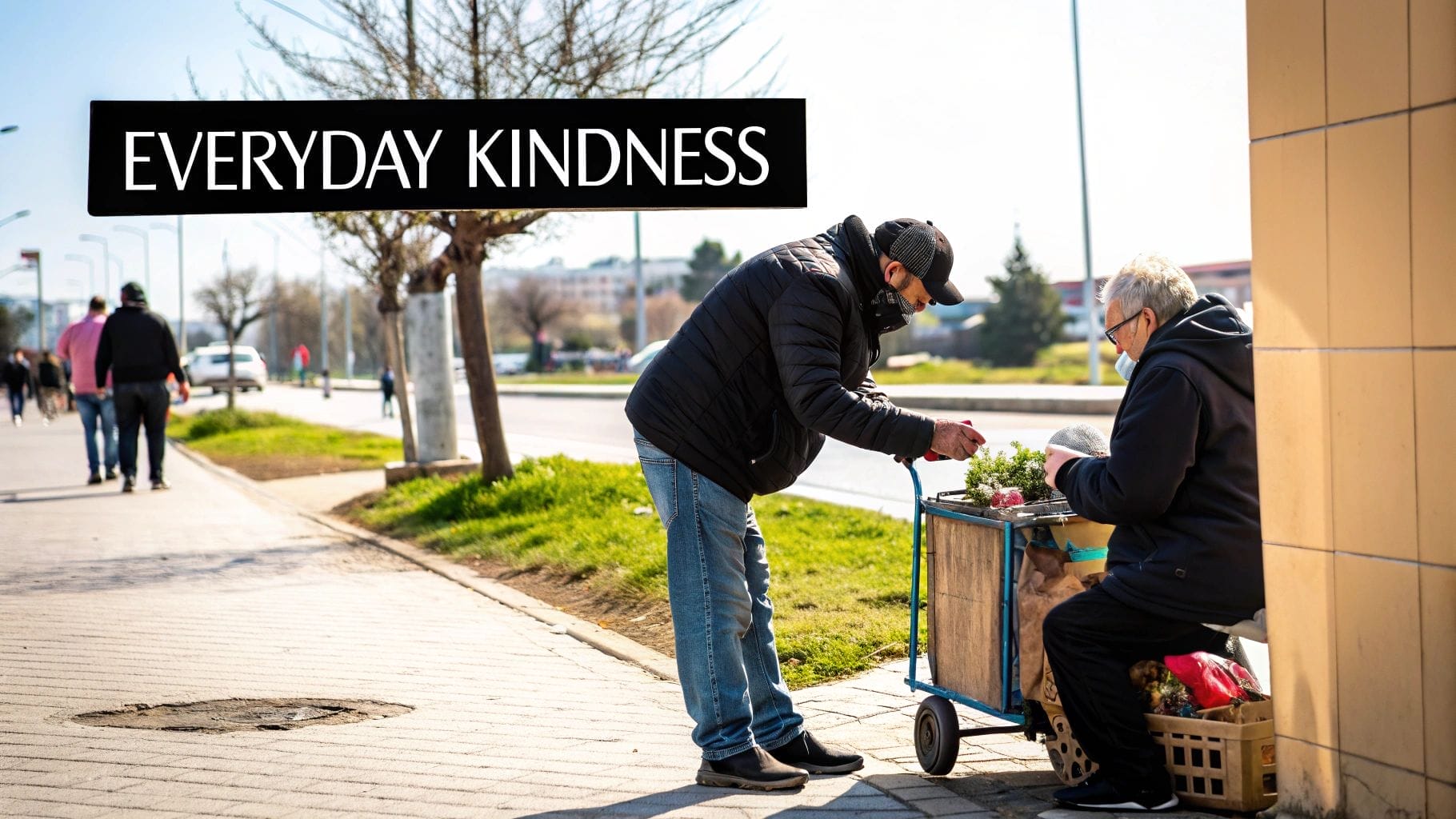 A man wearing a mask hands something to an elderly vendor seated by a cart filled with goods on a sidewalk; an emotional advertising example, with the text "EVERYDAY KINDNESS.