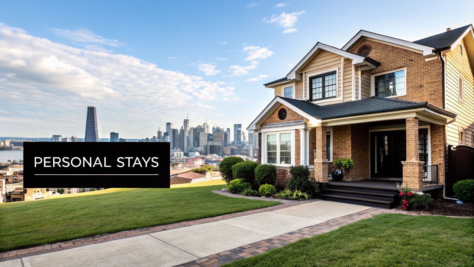 Two-story house with a well-maintained lawn, overlooking a city skyline. Text reads: "Personal Stays," showcasing website personalization examples for your next getaway.
