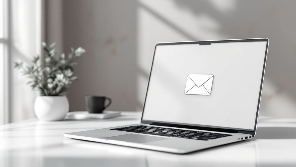 A laptop on the desk showcases an email icon, hinting at small business marketing strategies, while a small plant and coffee cup add warmth in the background.