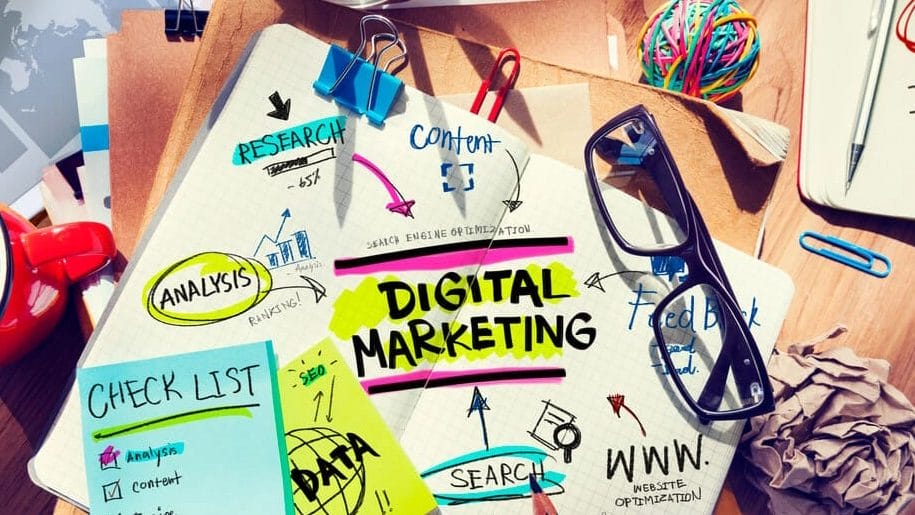 A desk with papers, sticky notes, and office supplies displays a Creative Marketing plan featuring terms like content, analysis, research, SEO, feedback, and checklist.