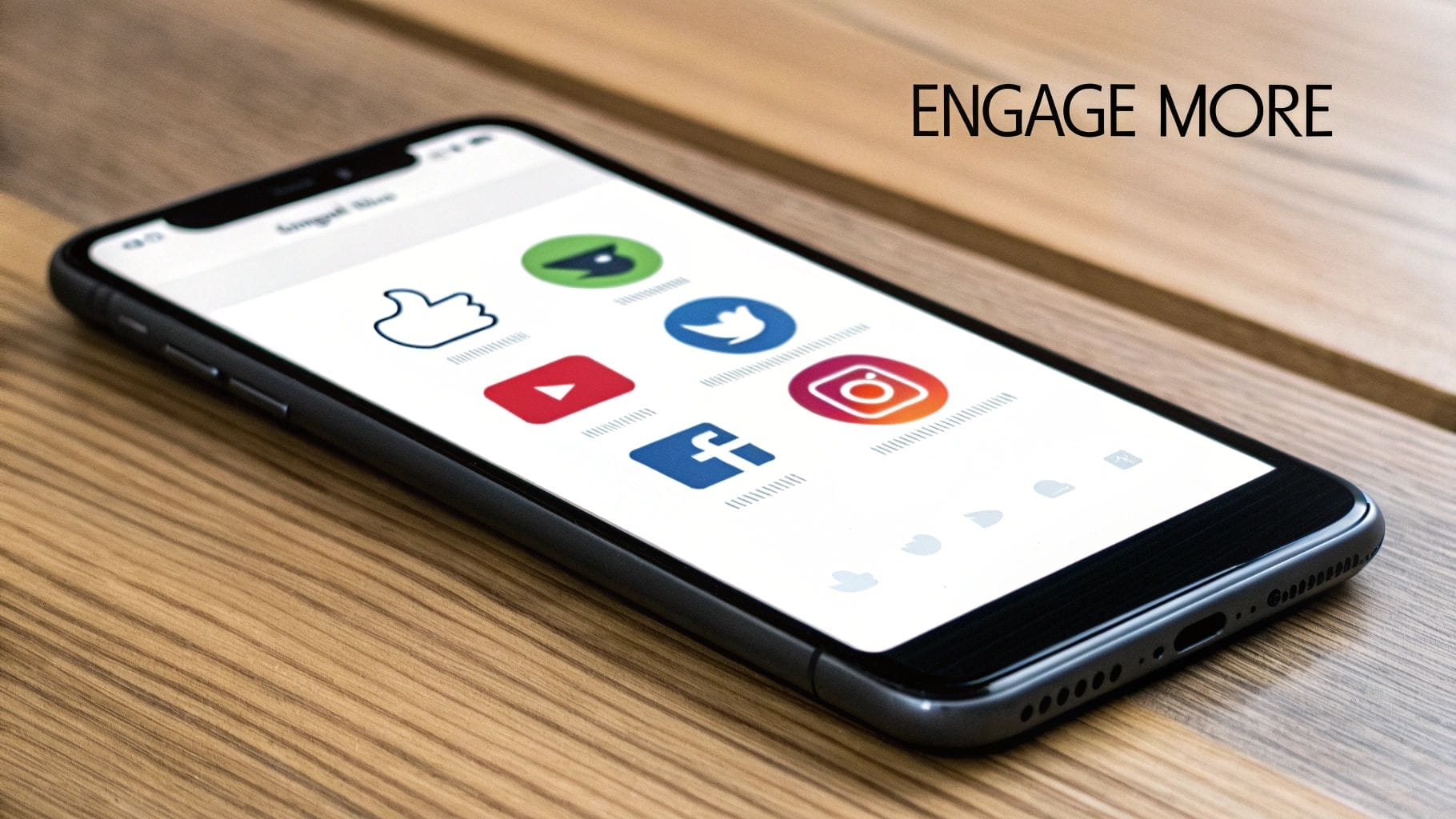 Smartphone displaying social media app icons on a wooden surface, with the text "Engage More" nearby, highlighting the role of digital marketing and performance metrics in boosting user interaction.