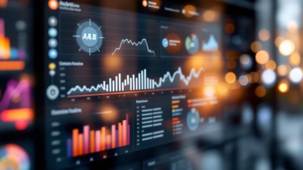 A digital dashboard showcasing various graphs and charts with analytics data, including line and bar charts, offers valuable insights alongside social media marketing tips.