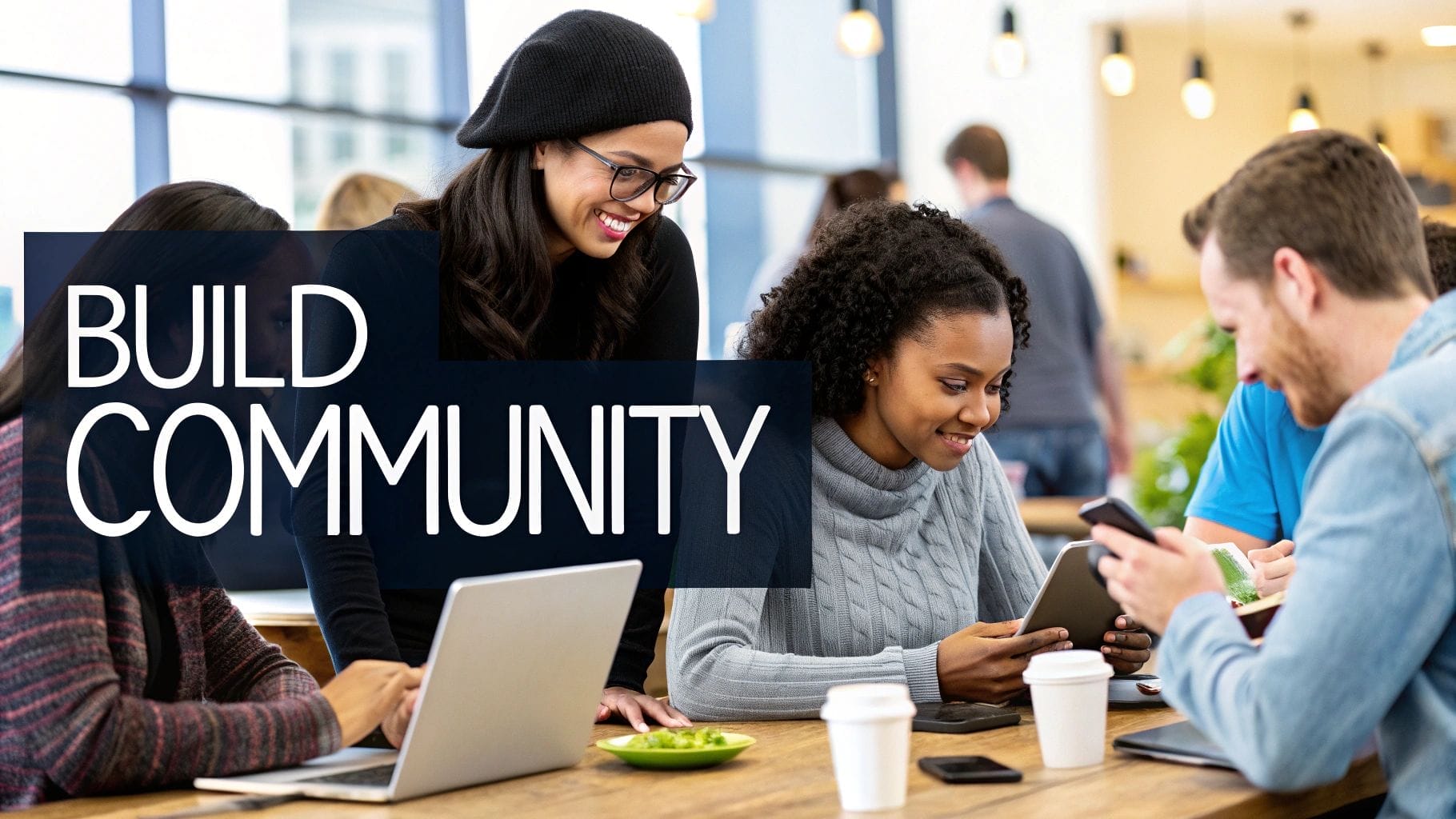 Four people gather around a table with laptops, tablets, and coffee cups, collaborating on ways to increase website traffic. Large text overlay reads "BUILD COMMUNITY.