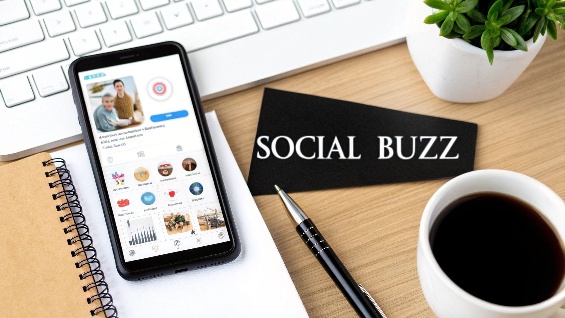 A smartphone displaying a social media app rests on a notebook beside a keyboard, pen, coffee cup, potted plant, and a card labeled "SOCIAL BUZZ"—perfect for exploring ways to increase website traffic right from your desk.