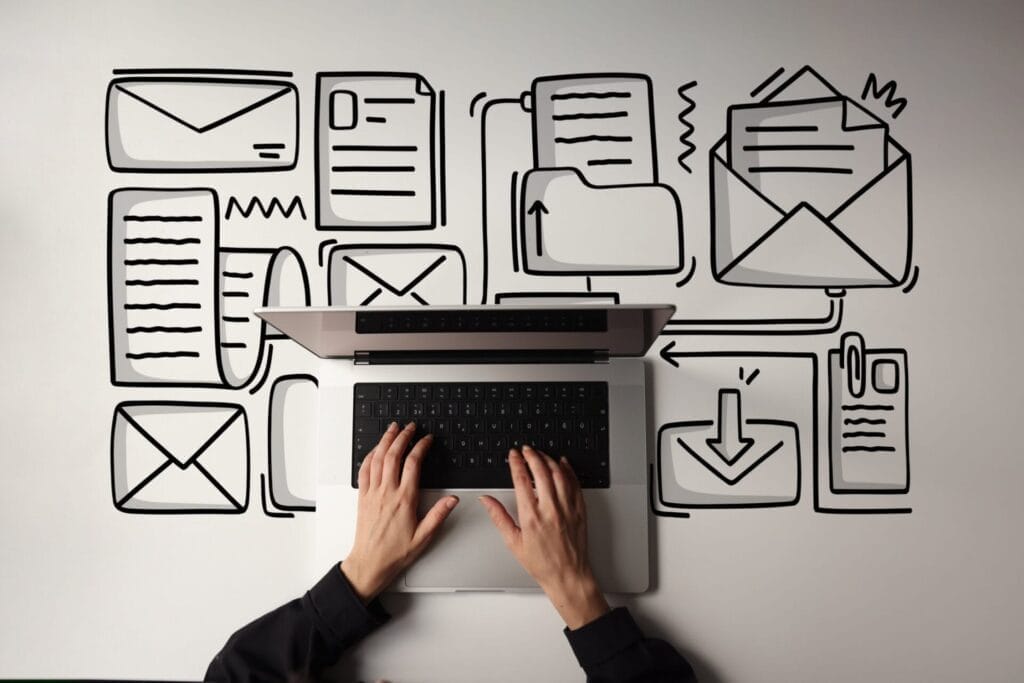 Hands typing on a laptop with illustrated icons of documents, envelopes, and folders drawn on the surface, suggesting digital communication, file management, and the organization made possible by WordPress Ecommerce Plugins.