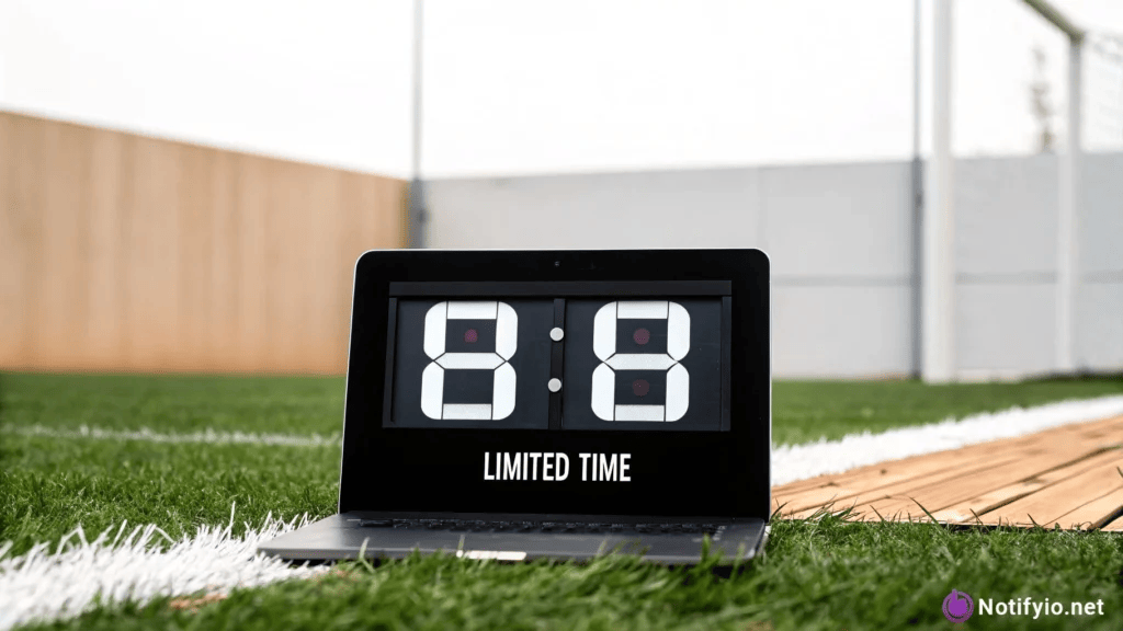 A laptop displaying a digital timer reading "8:8" and the words "LIMITED TIME" sits on artificial turf near a soccer field sideline, perfectly capturing the art of creating urgency in sales.