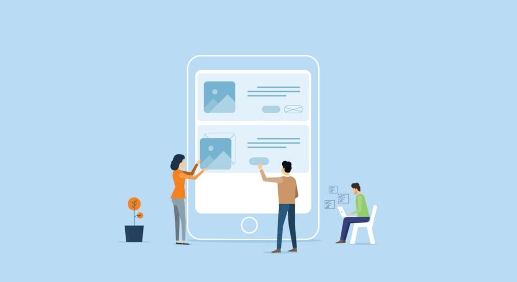 Three people interact with a large tablet screen displaying images and text—one sits with a laptop, while two stand and point at the tablet, discussing features of WordPress Ecommerce Plugins.