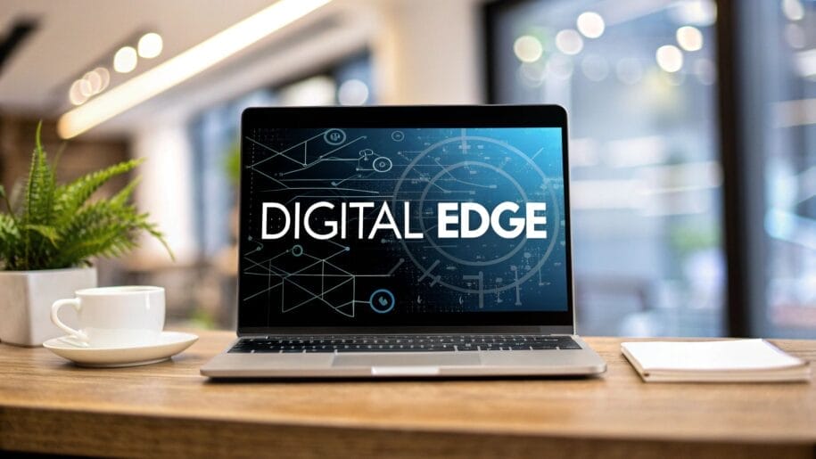Open laptop displaying "DIGITAL EDGE" on screen, placed on a wooden table with a white coffee cup, a potted plant, and a notebook.