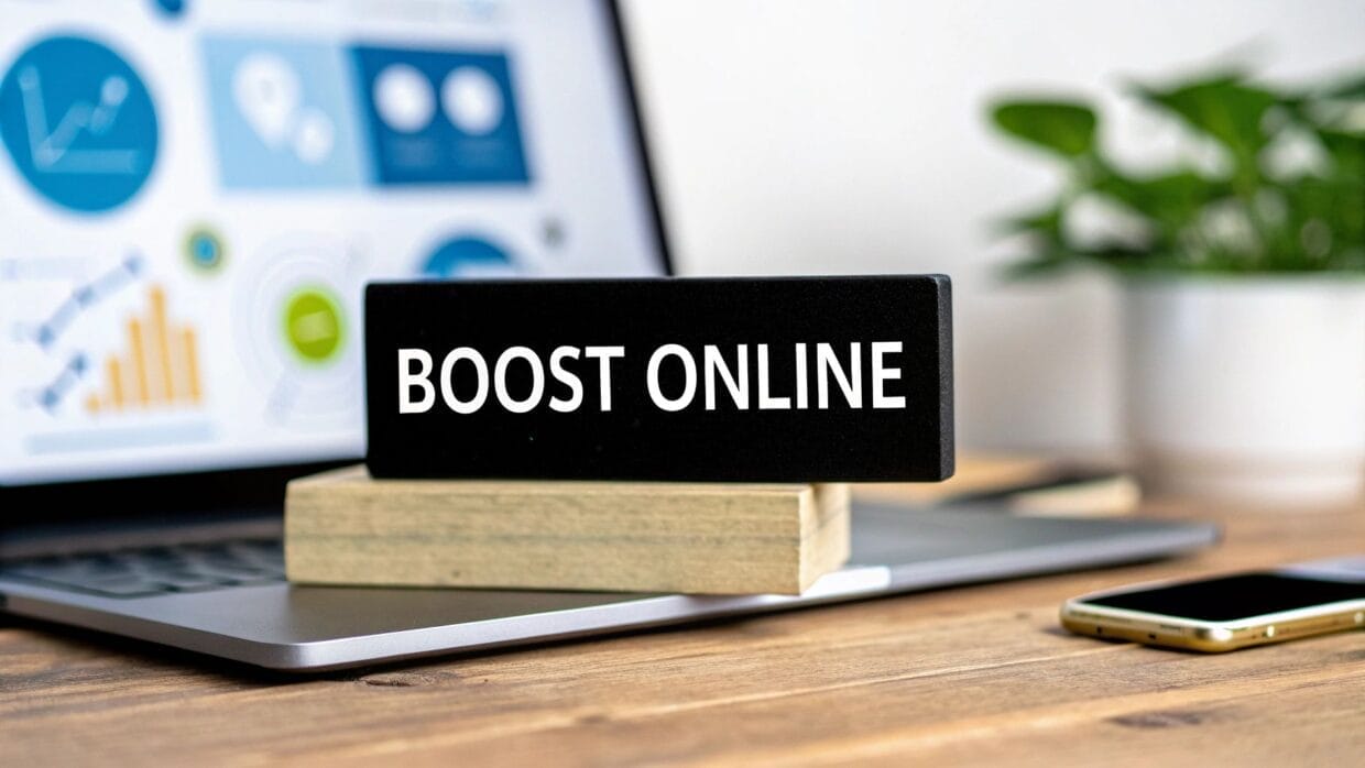 Sign with "Boost Online" on a wooden stand placed on a laptop. Background shows a plant, a smartphone, and blurred chart graphics on the screen.