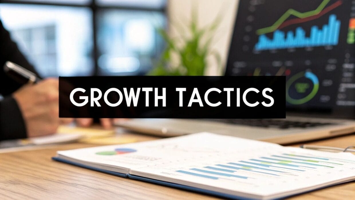 A desk with an open chart-filled binder, a person's hand writing, and a laptop displaying graphs. Overlay text reads: "GROWTH TACTICS.