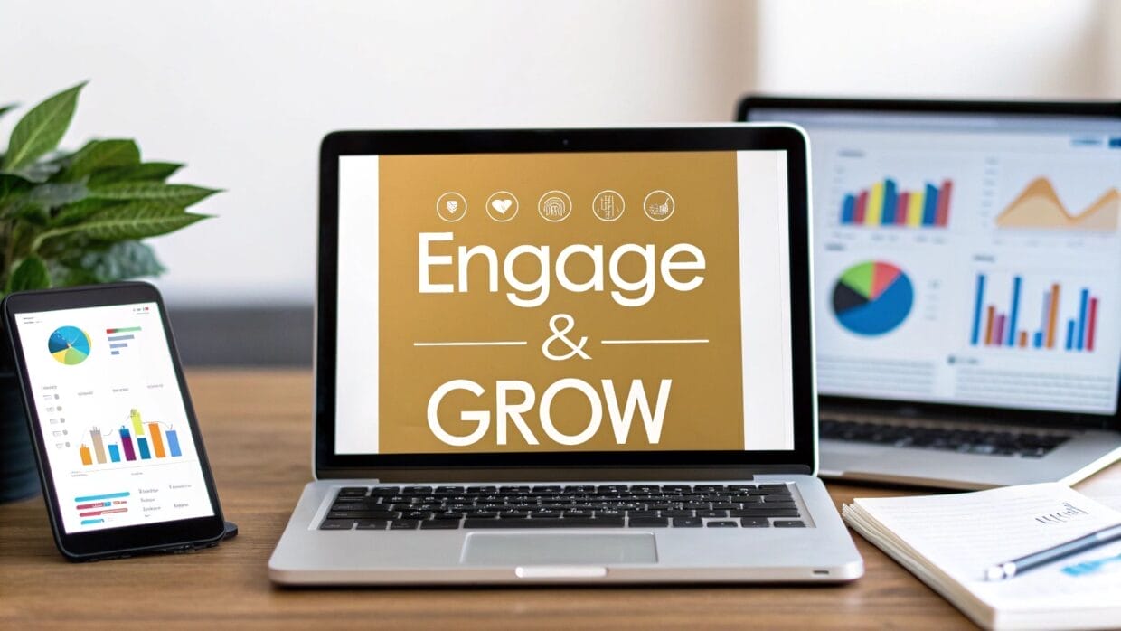 A laptop with "Engage & Grow" on the screen is placed on a table, alongside a smartphone, another laptop displaying charts, a potted plant, and an open notebook.