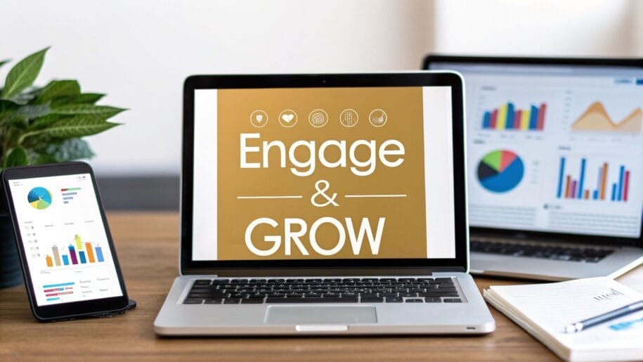 A laptop with "Engage & Grow" on the screen is placed on a table, alongside a smartphone, another laptop displaying charts, a potted plant, and an open notebook.