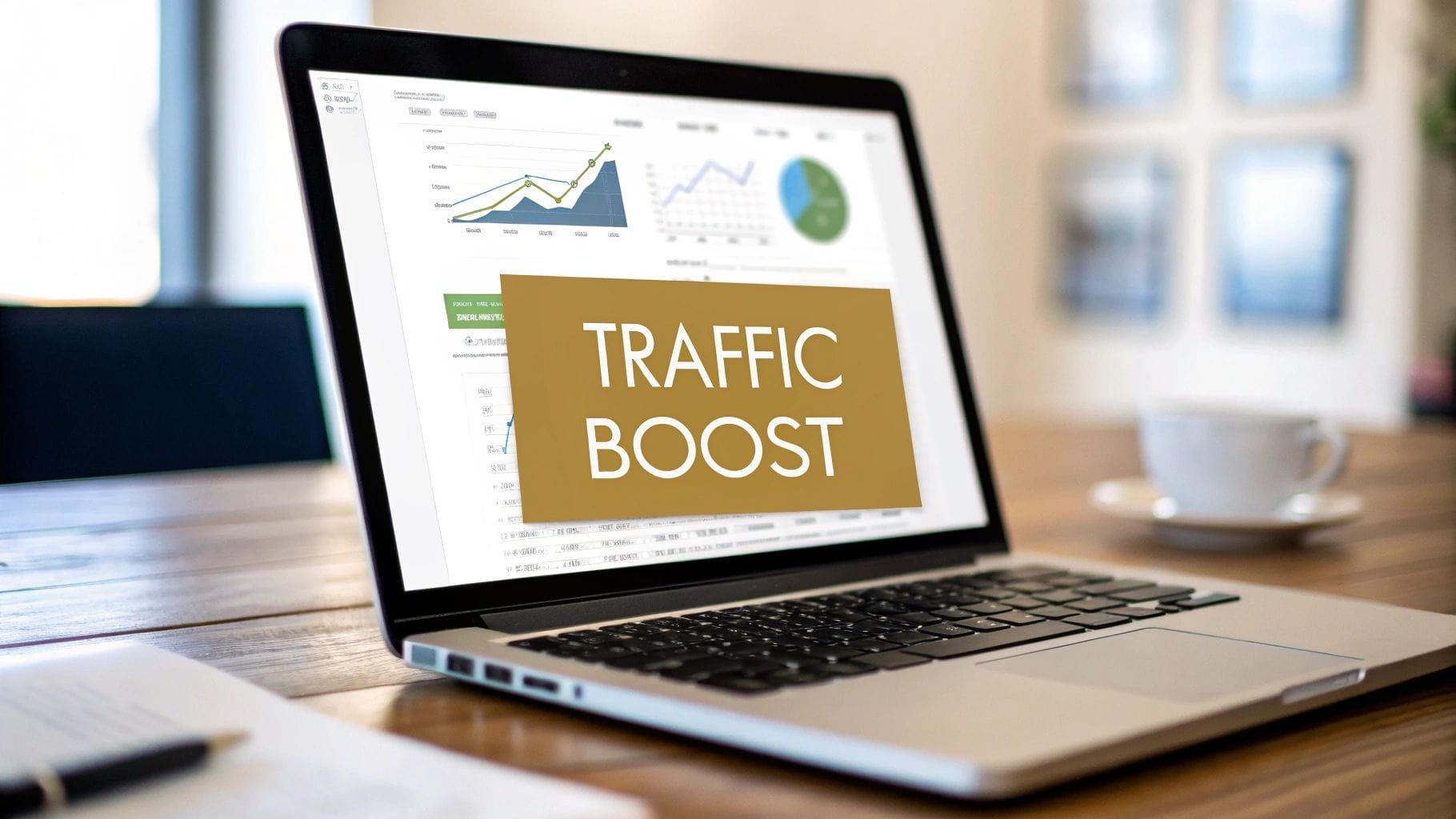 A laptop on a desk displays analytics charts with a large "TRAFFIC BOOST" message on the screen; a cup and papers are nearby.