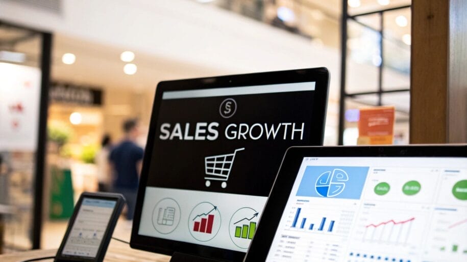 Computer screens displaying sales growth charts and graphs in a business setting.