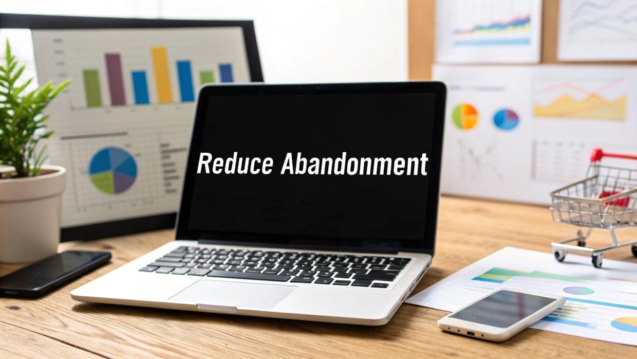 A laptop displaying the text "Reduce Abandonment" on screen sits on a desk with charts, a smartphone, a plant, and a small shopping cart.
