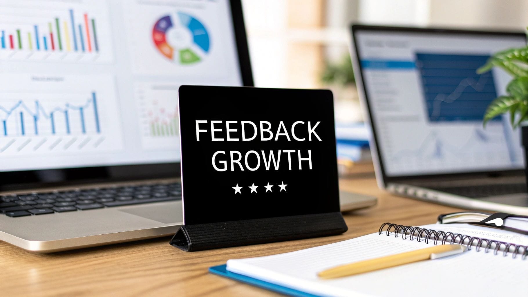 A desk with laptops displaying charts, a sign reading "FEEDBACK GROWTH" with five stars, a notebook, and a plant.