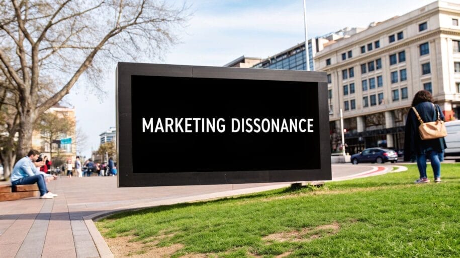 A large digital billboard in an urban park displays the text "MARKETING DISSONANCE" in white capital letters.