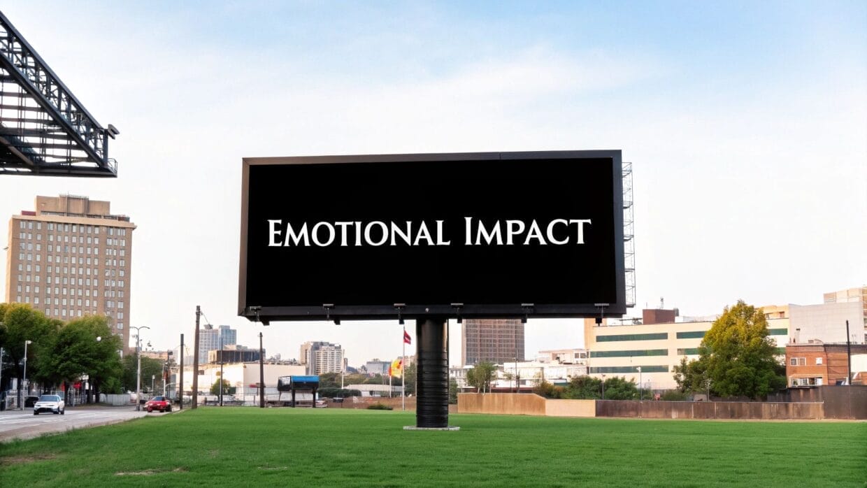 A large outdoor billboard displays the words "EMOTIONAL IMPACT" in white capital letters against a black background.