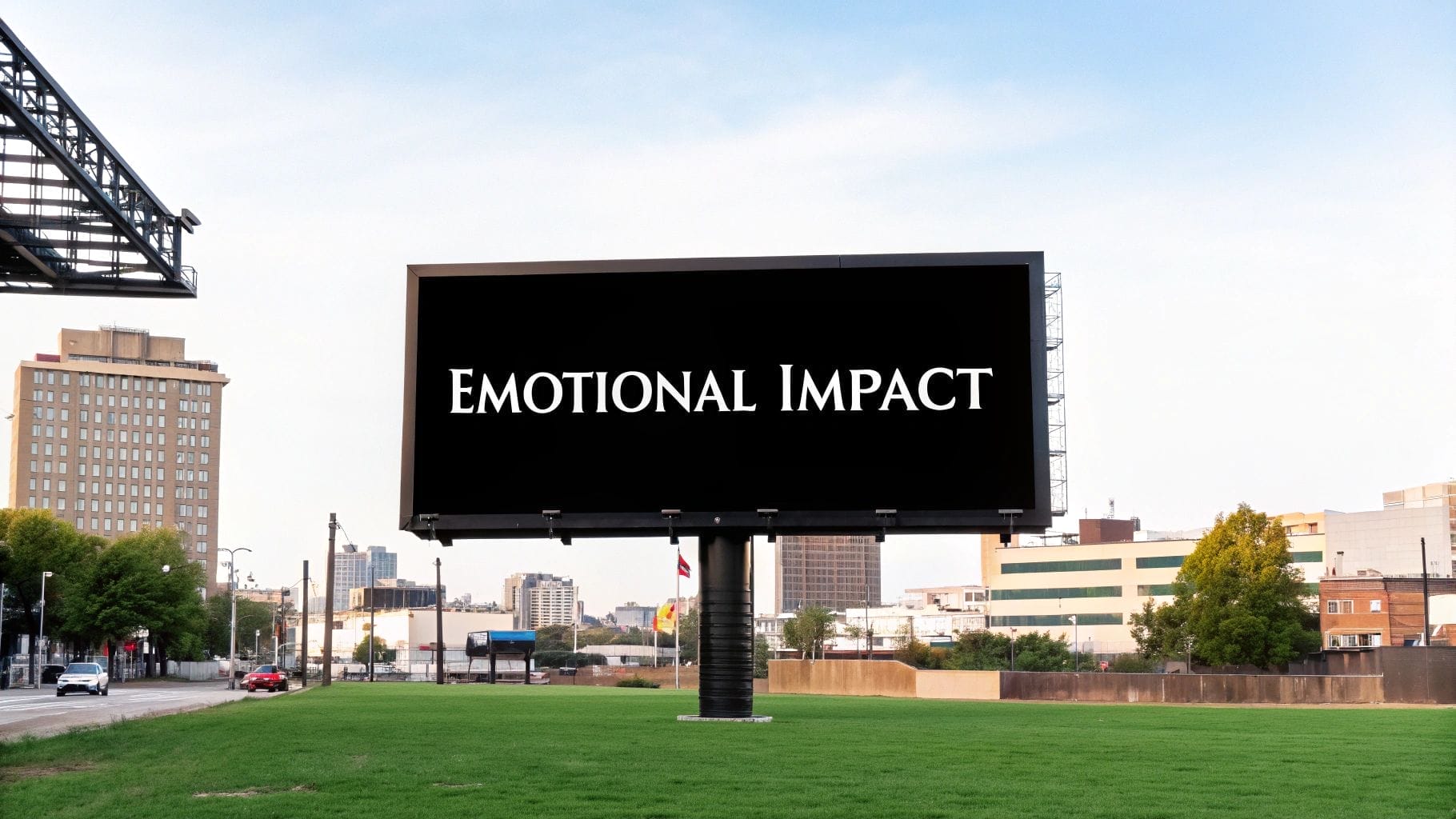A large outdoor billboard displays the words "EMOTIONAL IMPACT" in white capital letters against a black background.