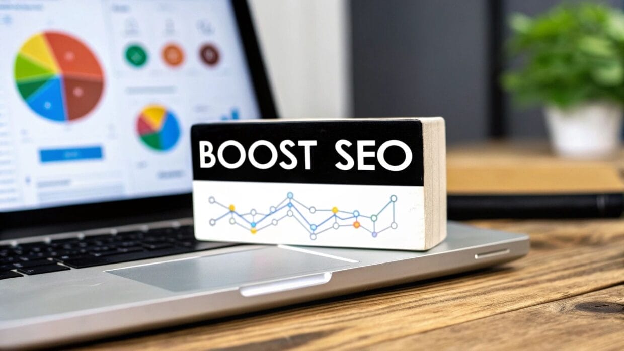 A laptop displays colorful charts on the screen. A sign reading "BOOST SEO" with a line graph illustration is placed on the keyboard.
