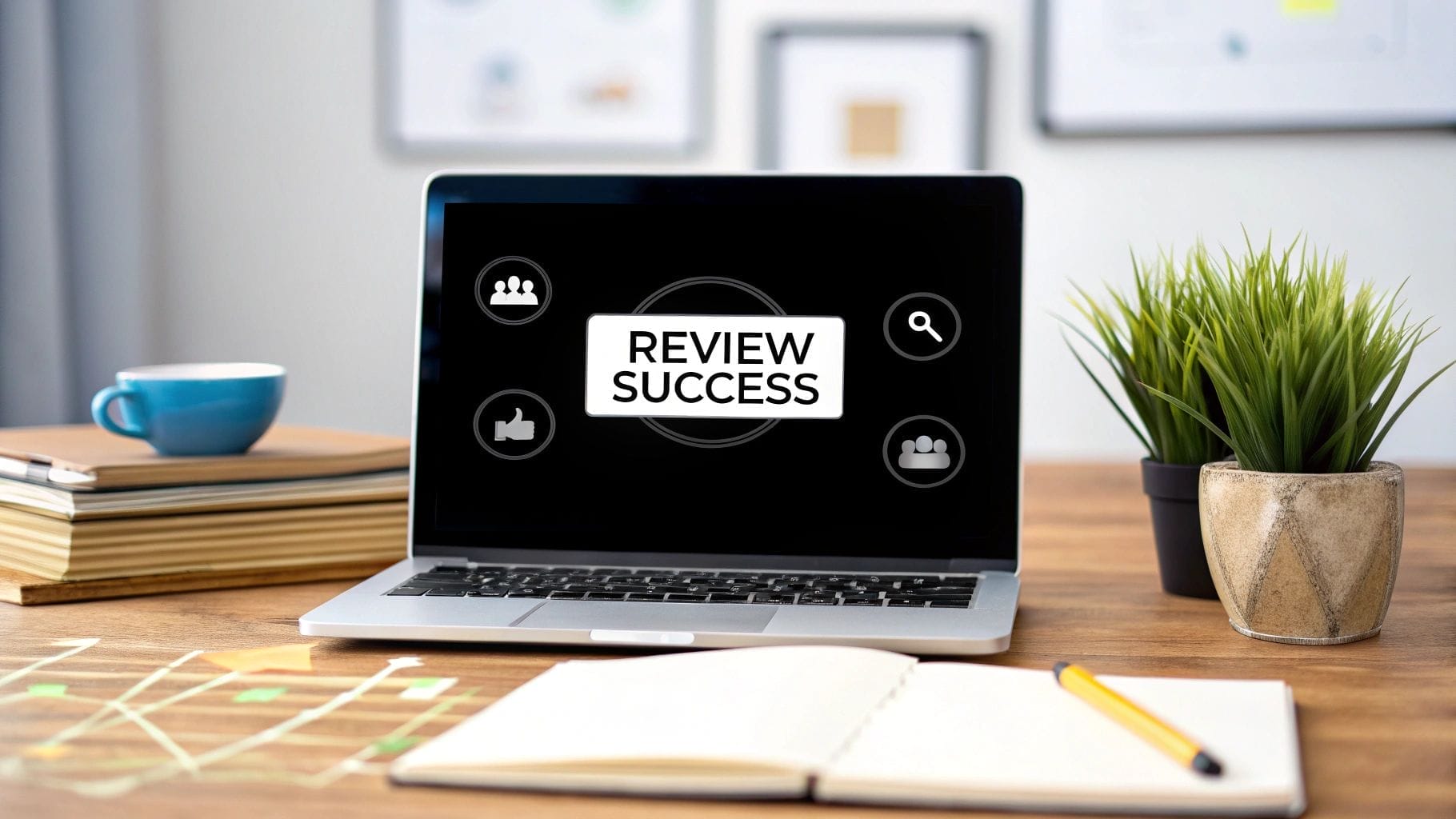 A laptop on a desk displays the words "REVIEW SUCCESS" on its screen, with office supplies, a potted plant, and an open notebook in the background.