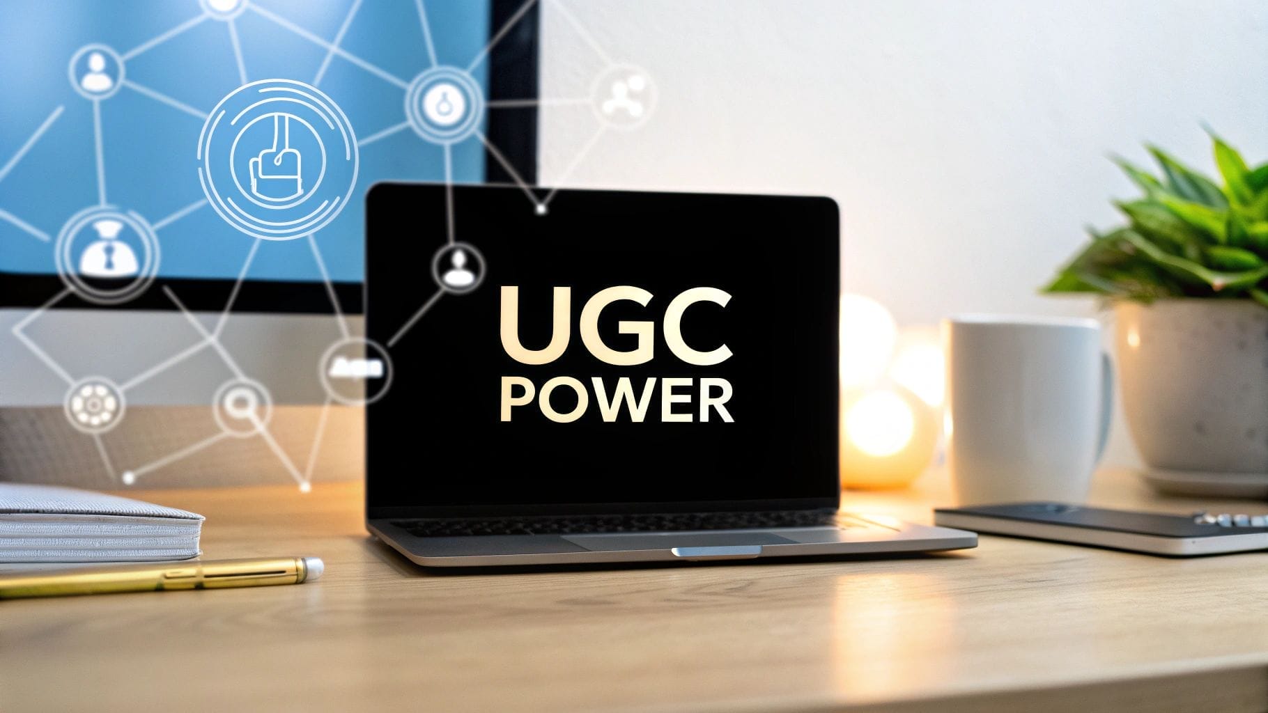A laptop on a desk displays "UGC POWER" on its screen, with digital icons overlayed; a plant, mug, pen, notebook, and monitor are also visible.