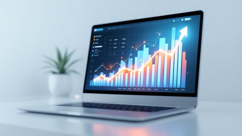 Laptop displaying a financial graph with rising trend lines and bar charts on the screen. A small potted plant is in the background on a white desk.